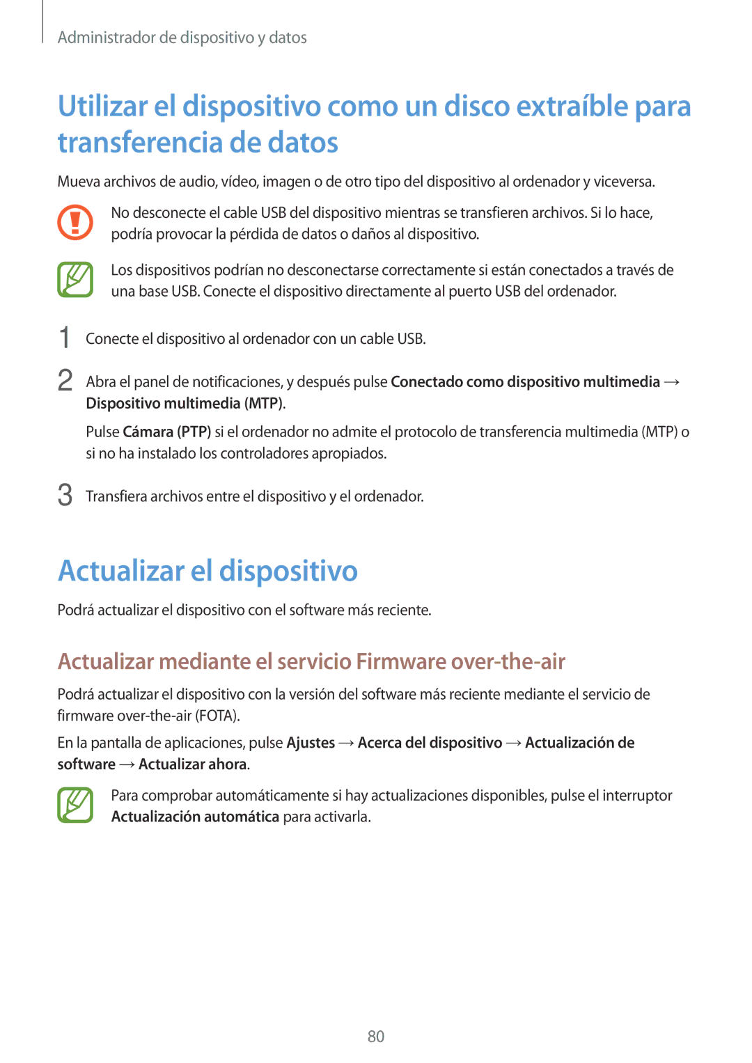 Samsung SM-T550NZKAPHE, SM-T550NZWAPHE Actualizar el dispositivo, Actualizar mediante el servicio Firmware over-the-air 