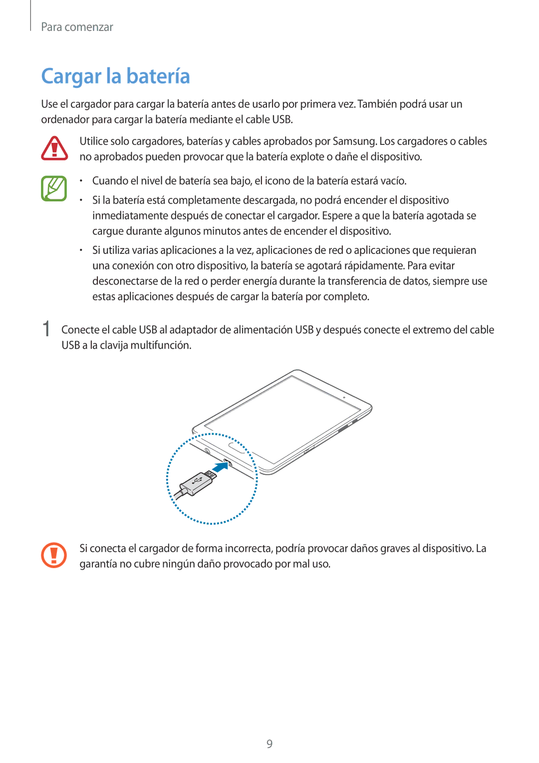 Samsung SM-T550NZWAPHE, SM-T550NZKAPHE manual Cargar la batería 