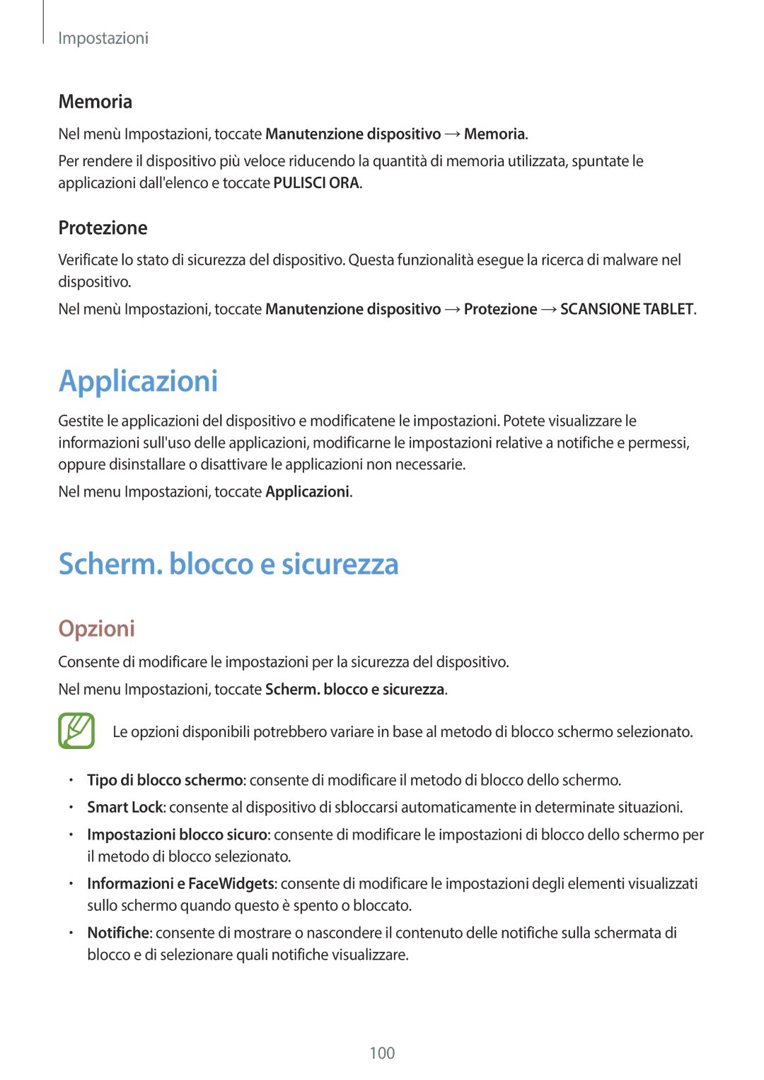 Samsung SM-T550NZWADBT, SM-T550NZKADBT, SM-P550NZKAITV manual Applicazioni, Scherm. blocco e sicurezza, Memoria, Protezione 