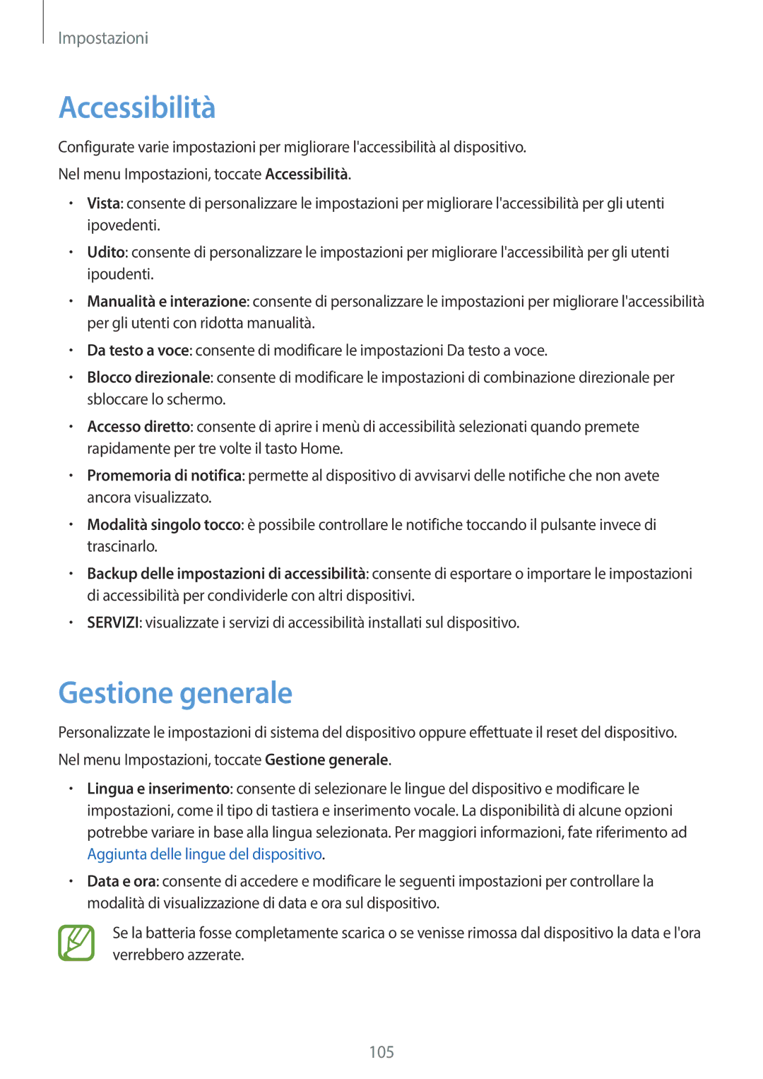 Samsung SM-T550NZWATUR, SM-T550NZWADBT, SM-T550NZKADBT, SM-P550NZKAITV, SM-T550NZKAPHN manual Accessibilità, Gestione generale 