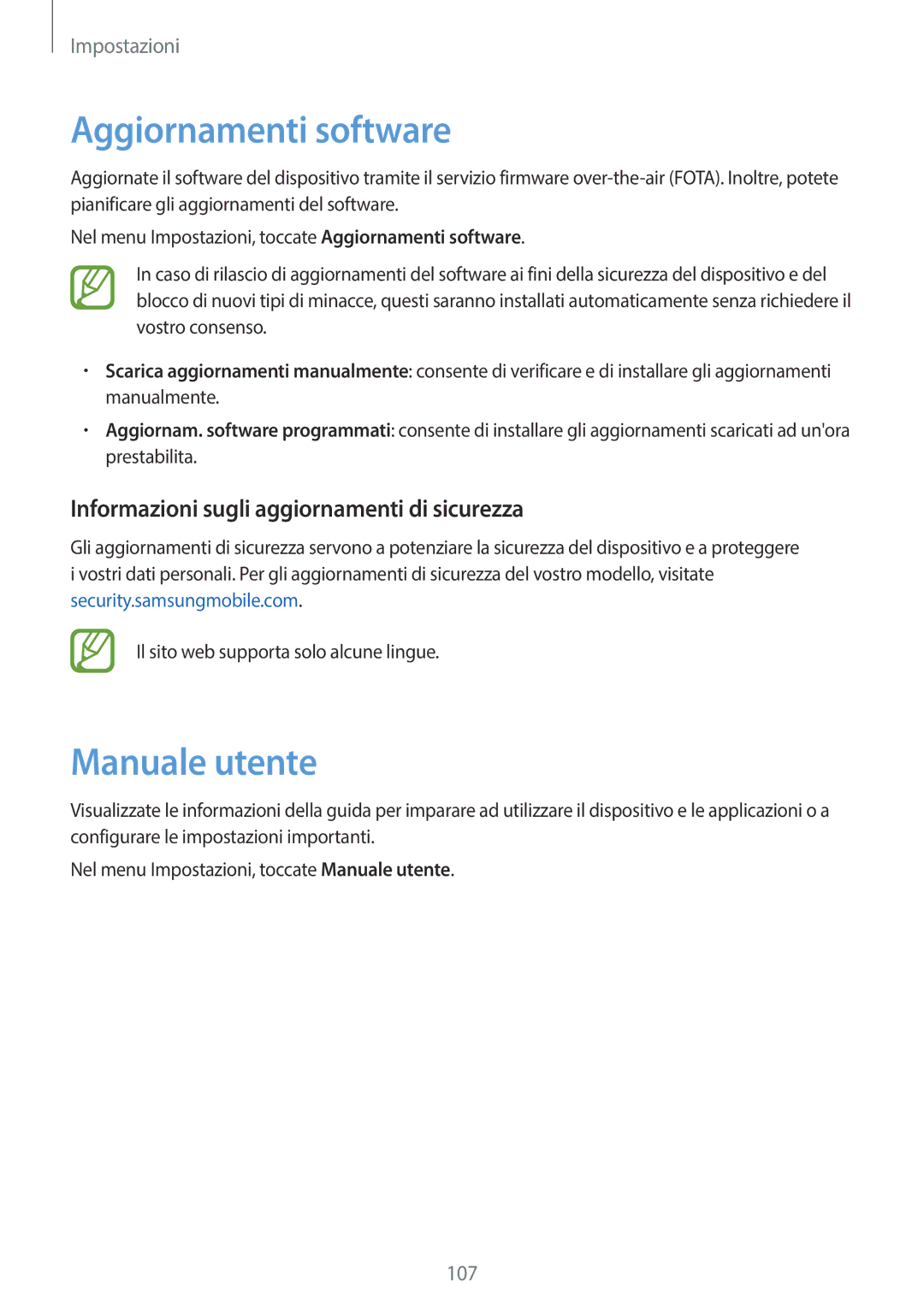 Samsung SM-T550NZAATUR manual Aggiornamenti software, Manuale utente, Informazioni sugli aggiornamenti di sicurezza 