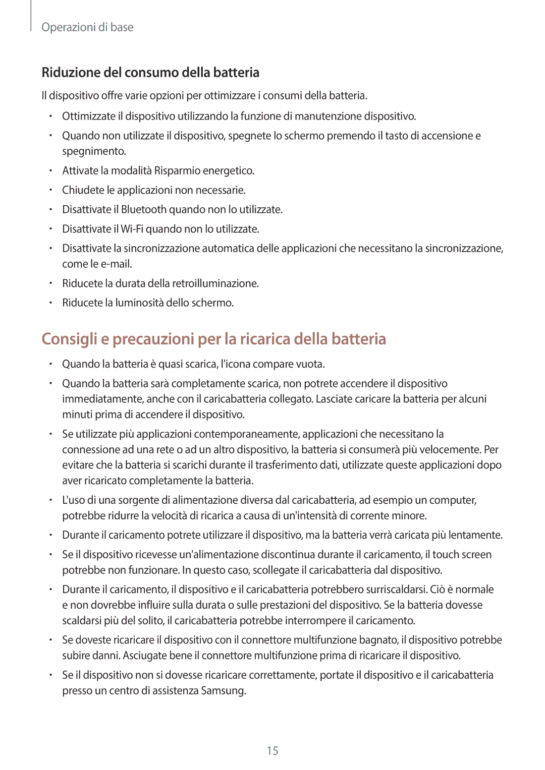 Samsung SM-T550NZWATUR manual Consigli e precauzioni per la ricarica della batteria, Riduzione del consumo della batteria 