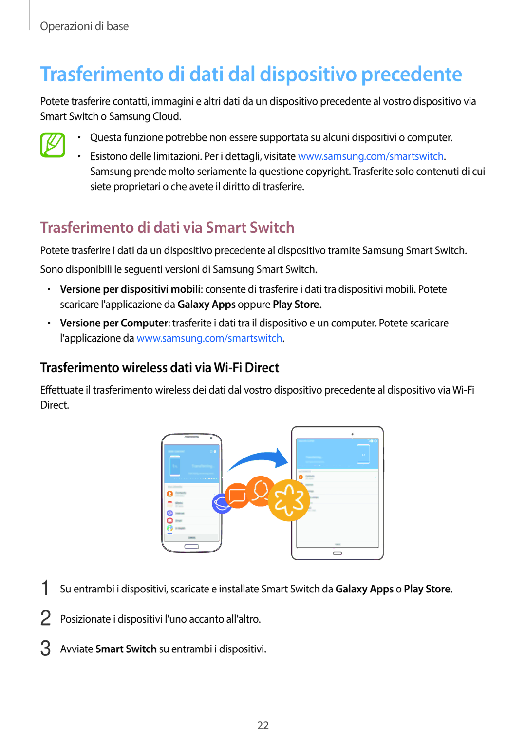 Samsung SM-P550NZKAITV manual Trasferimento di dati via Smart Switch, Trasferimento wireless dati via Wi-Fi Direct 