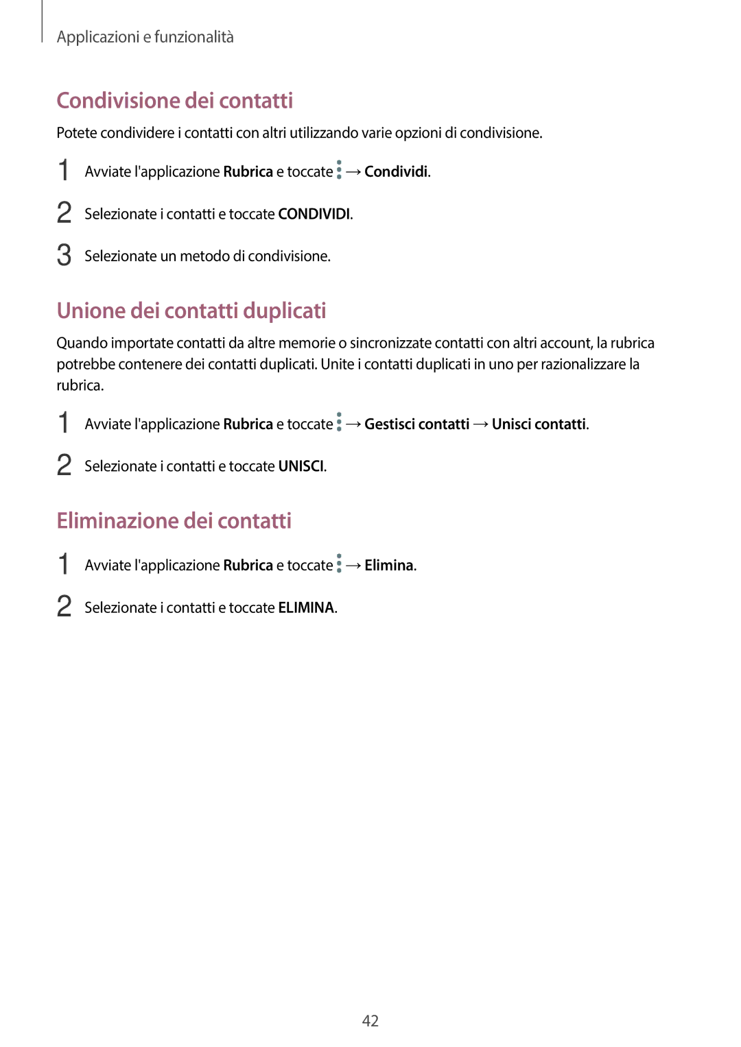 Samsung SM-P550NZKAITV, SM-T550NZWADBT Condivisione dei contatti, Unione dei contatti duplicati, Eliminazione dei contatti 