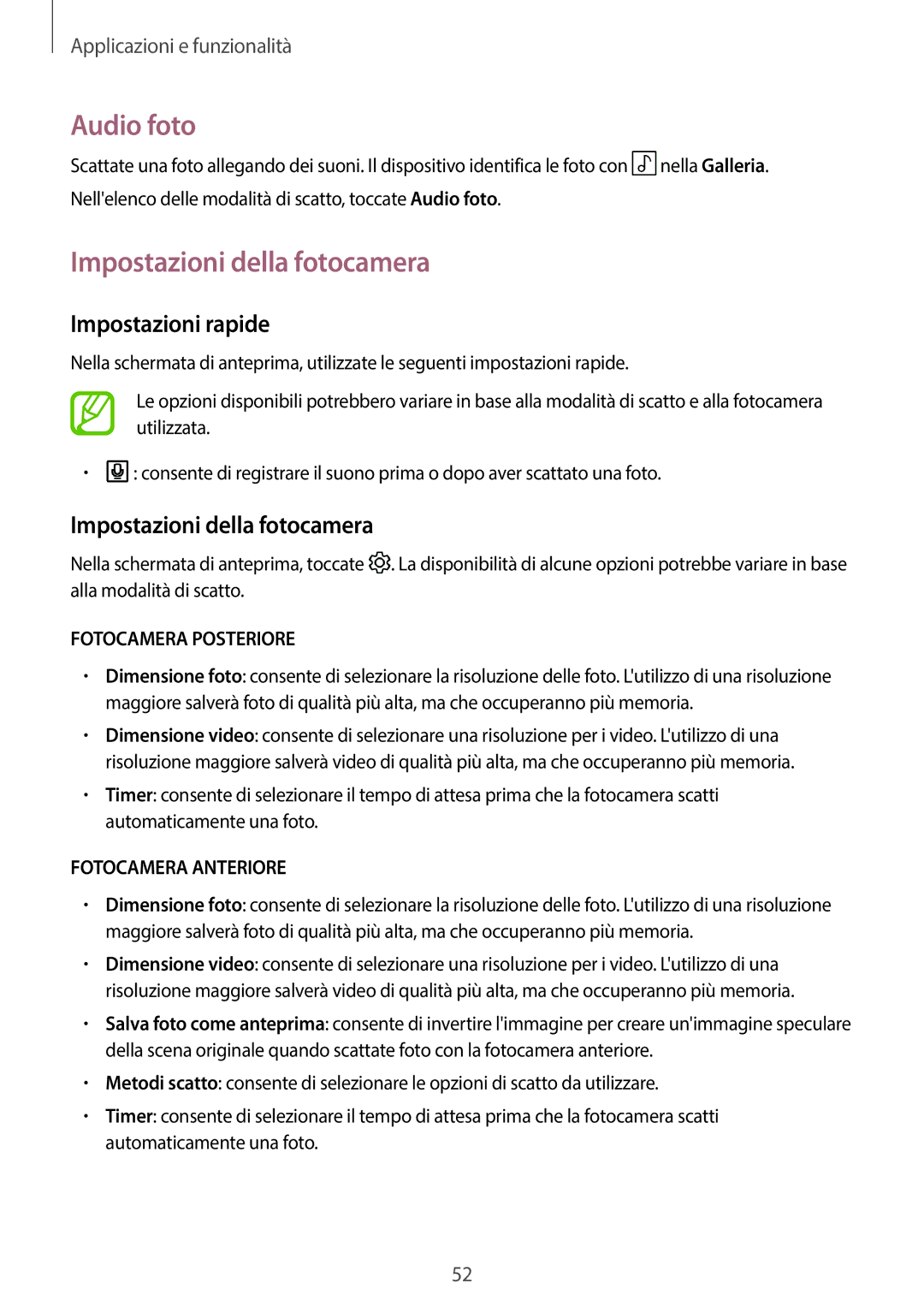 Samsung SM-P550NZKAITV, SM-T550NZWADBT, SM-T550NZKADBT manual Audio foto, Impostazioni della fotocamera, Impostazioni rapide 