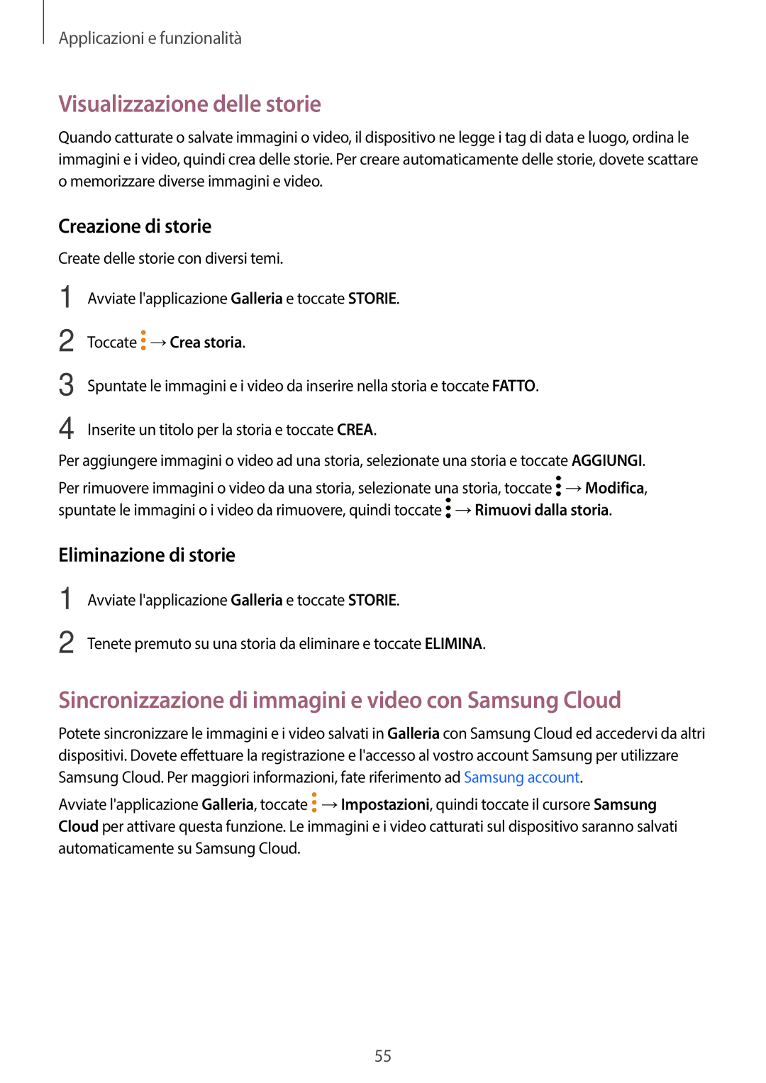 Samsung SM-T550NZWATUR manual Visualizzazione delle storie, Sincronizzazione di immagini e video con Samsung Cloud 