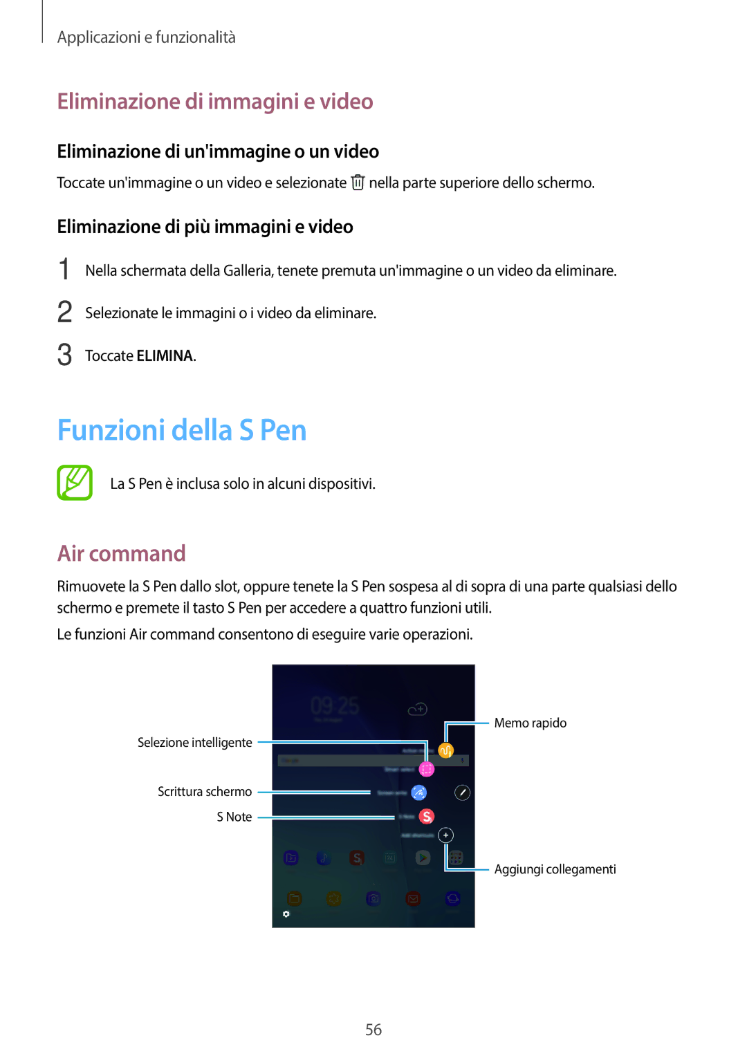 Samsung SM-T550NZWAITV, SM-T550NZWADBT, SM-T550NZKADBT Funzioni della S Pen, Eliminazione di immagini e video, Air command 