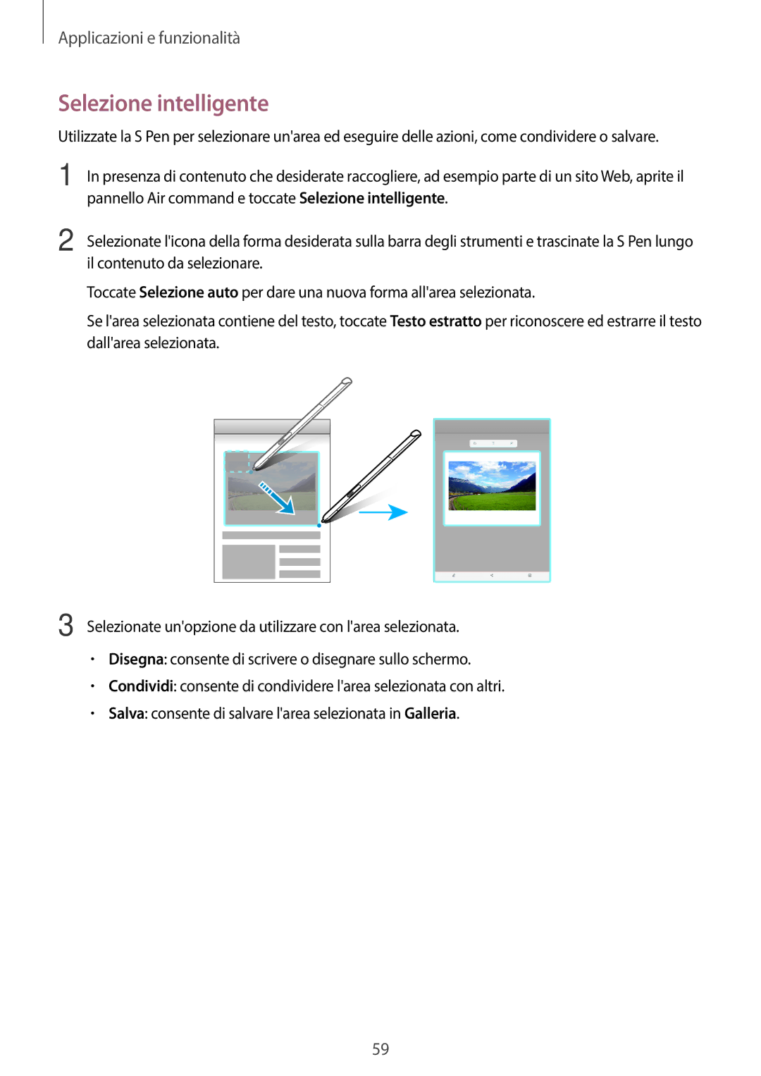 Samsung SM-T550NZKALUX, SM-T550NZWADBT, SM-T550NZKADBT manual Pannello Air command e toccate Selezione intelligente 