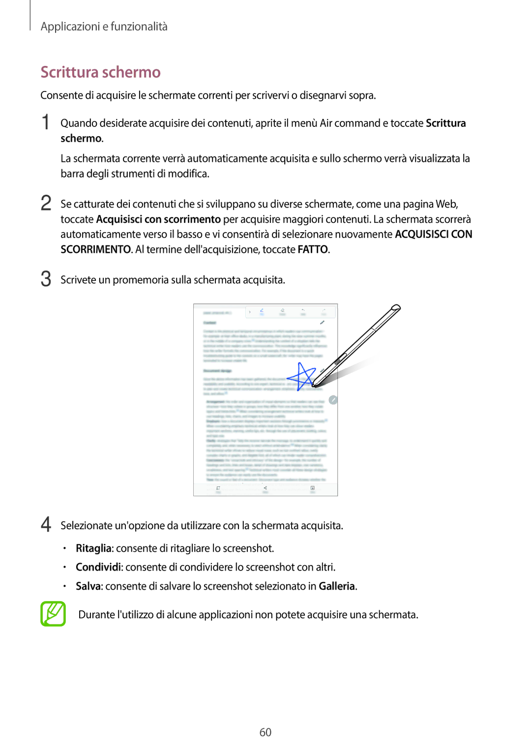 Samsung SM-T550NZWADBT, SM-T550NZKADBT, SM-P550NZKAITV, SM-T550NZKAPHN, SM-T550NZKAXEO manual Scrittura schermo, Schermo 