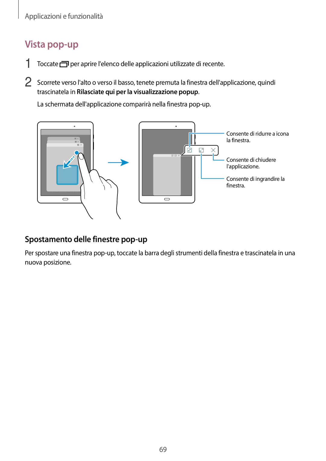 Samsung SM-T550NZKALUX, SM-T550NZWADBT, SM-T550NZKADBT, SM-P550NZKAITV manual Vista pop-up, Spostamento delle finestre pop-up 