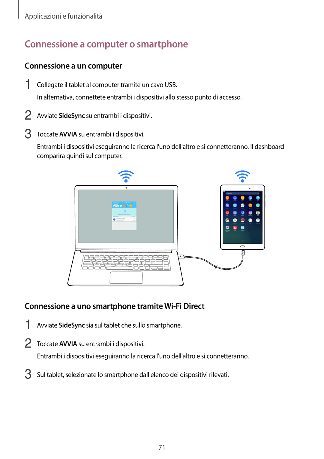 Samsung SM-T550NZKADBT, SM-T550NZWADBT, SM-P550NZKAITV manual Connessione a computer o smartphone, Connessione a un computer 