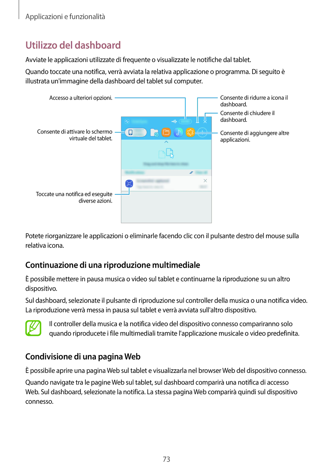 Samsung SM-T550NZKAPHN, SM-T550NZWADBT manual Utilizzo del dashboard, Continuazione di una riproduzione multimediale 