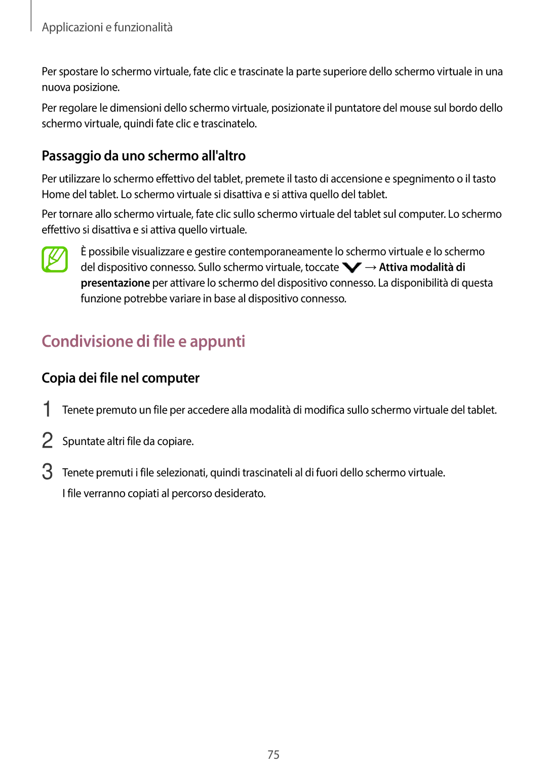 Samsung SM-T550NZWATUR Condivisione di file e appunti, Passaggio da uno schermo allaltro, Copia dei file nel computer 