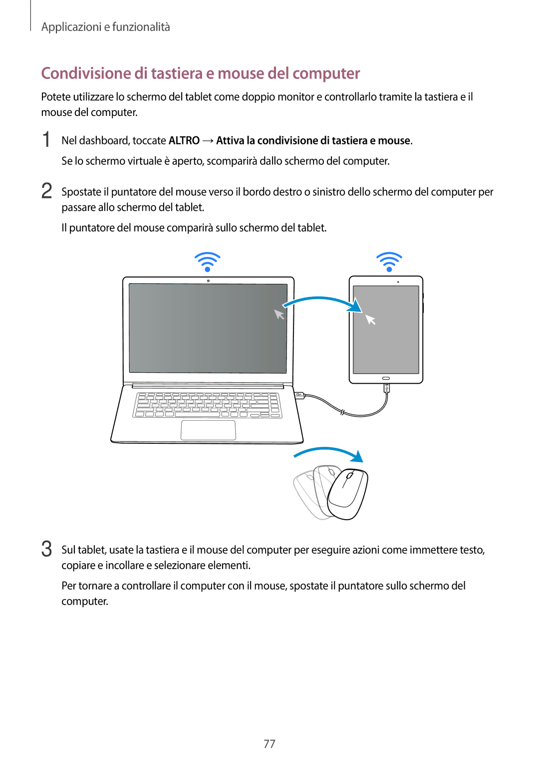 Samsung SM-T550NZAATUR, SM-T550NZWADBT, SM-T550NZKADBT, SM-P550NZKAITV manual Condivisione di tastiera e mouse del computer 