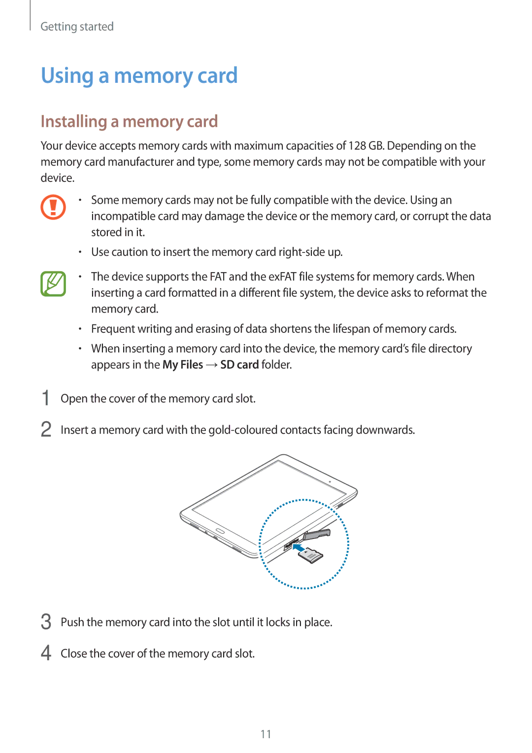 Samsung SM-T550NZKALUX, SM-T550NZWADBT, SM-T550NZKADBT, SM-T550NZWEXEF manual Using a memory card, Installing a memory card 