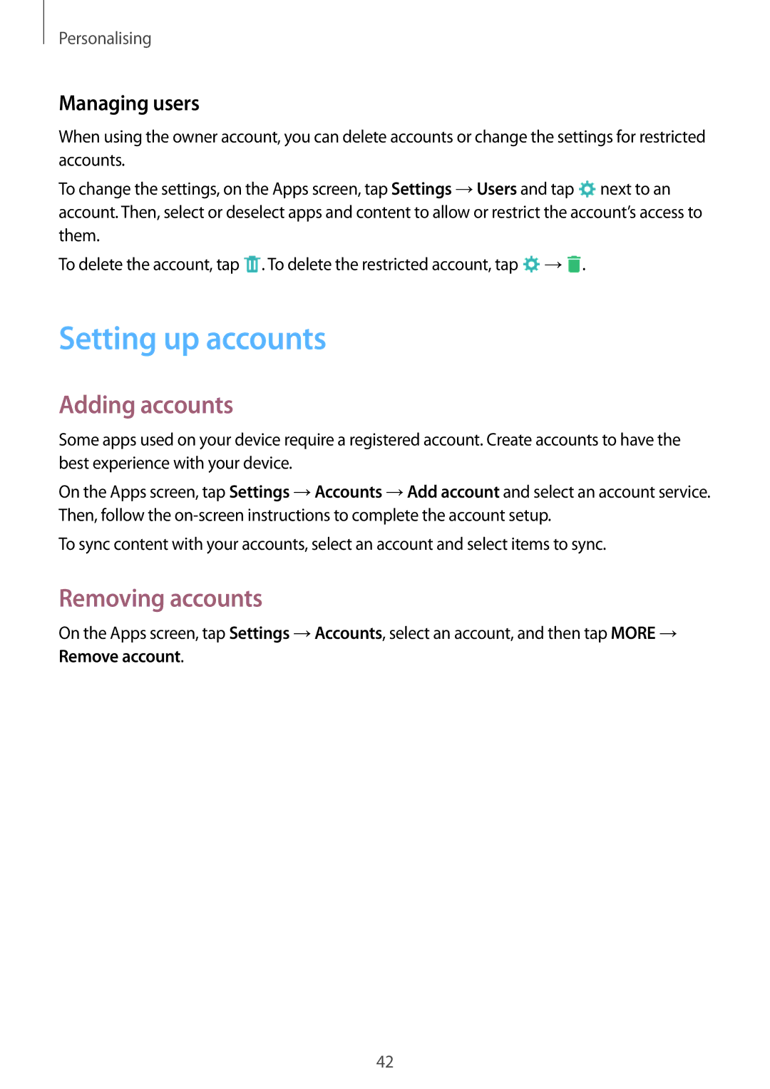 Samsung SM-T550NZKAXEO, SM-T550NZWADBT manual Setting up accounts, Adding accounts, Removing accounts, Managing users 