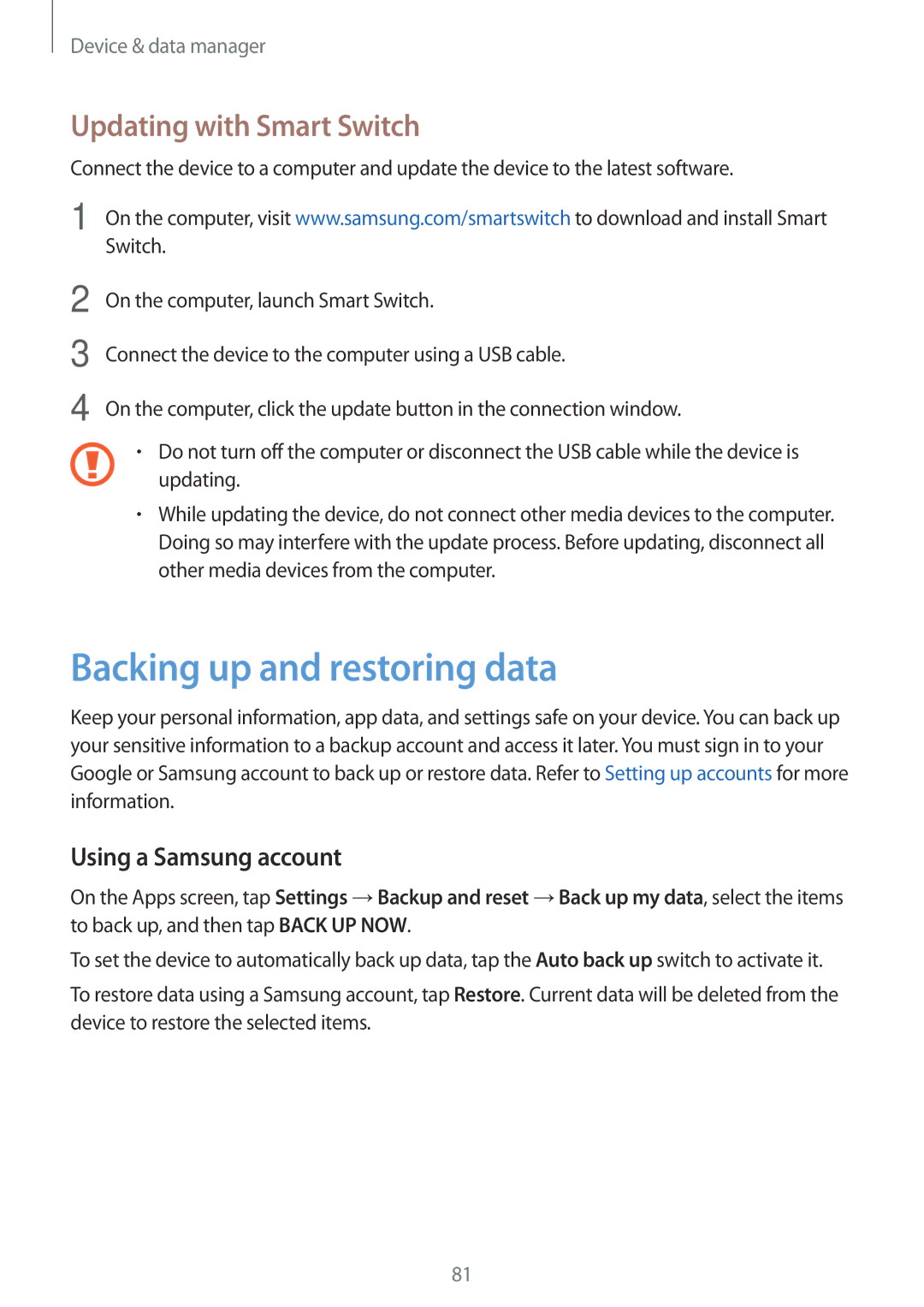 Samsung SM-T550NZAATUR, SM-T550NZWADBT Backing up and restoring data, Updating with Smart Switch, Using a Samsung account 