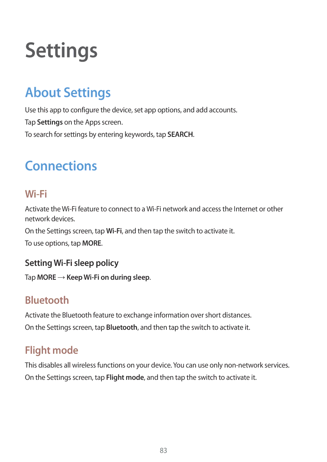 Samsung SM-T550NZKALUX, SM-T550NZWADBT, SM-T550NZKADBT, SM-T550NZWEXEF, SM-T550NZWAXEF manual About Settings, Connections 