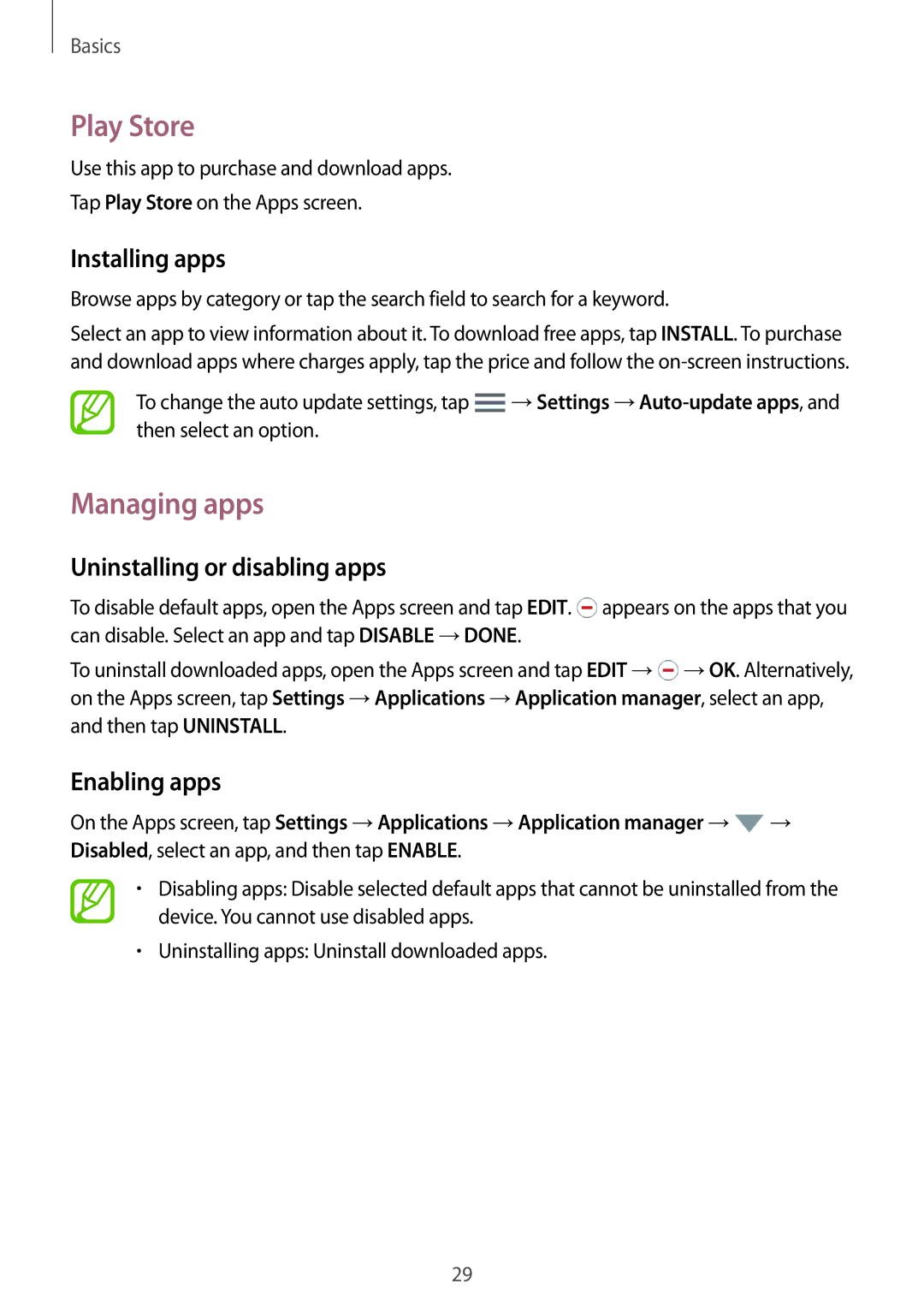 Samsung SM-T550NZWAXEH, SM-T550NZWADBT manual Play Store, Managing apps, Uninstalling or disabling apps, Enabling apps 