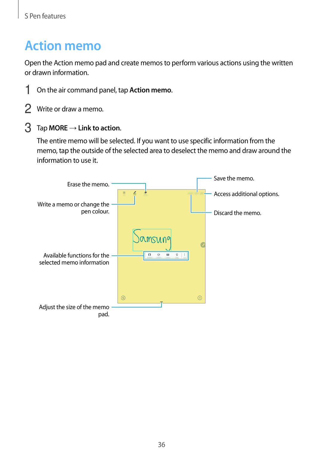 Samsung SM-T550NZWANEE, SM-T550NZWADBT, SM-T550NZKADBT, SM-T550NZWEXEF, SM-T550NZWAXEF Action memo, Tap More →Link to action 