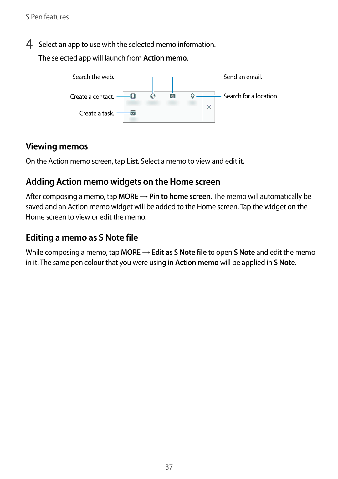 Samsung SM-T550NZWASEB manual Viewing memos, Adding Action memo widgets on the Home screen, Editing a memo as S Note file 