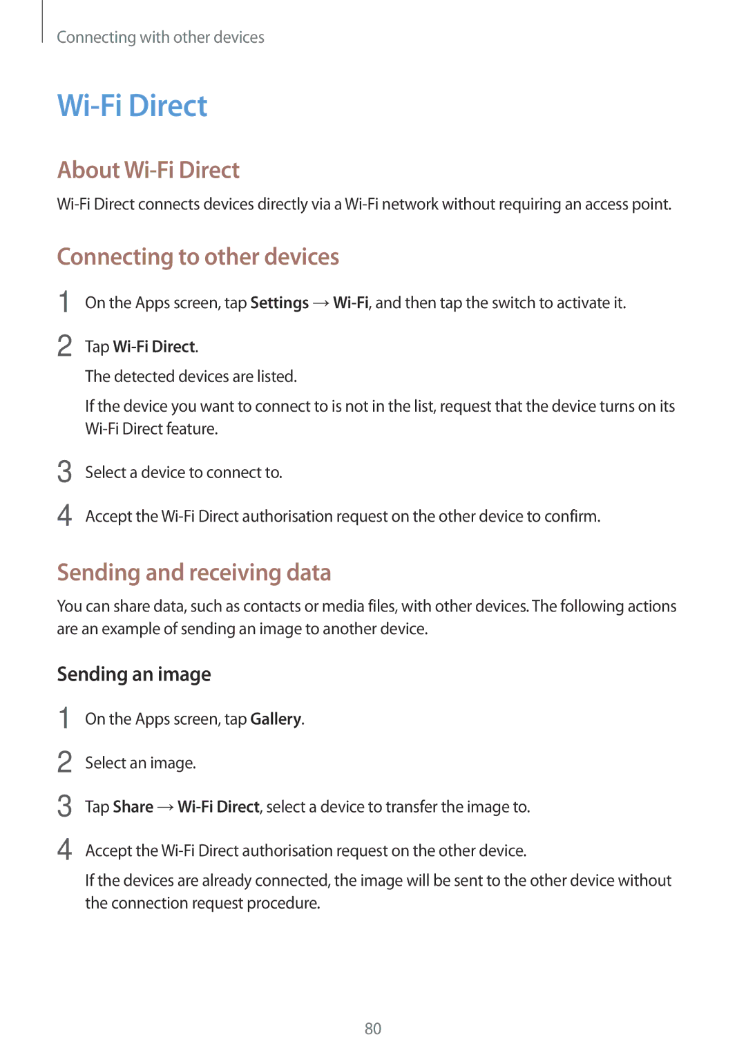 Samsung SM-T550NZKAATO, SM-T550NZWADBT manual About Wi-Fi Direct, Connecting to other devices, Tap Wi-Fi Direct 