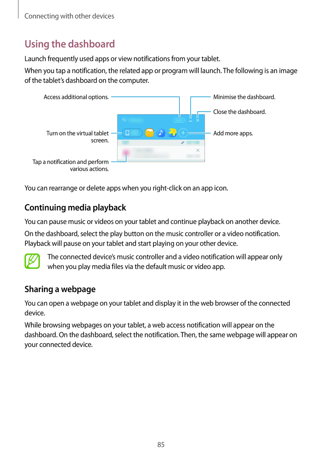 Samsung SM-T550NZKAILO, SM-T550NZWADBT, SM-T550NZKADBT Using the dashboard, Continuing media playback, Sharing a webpage 