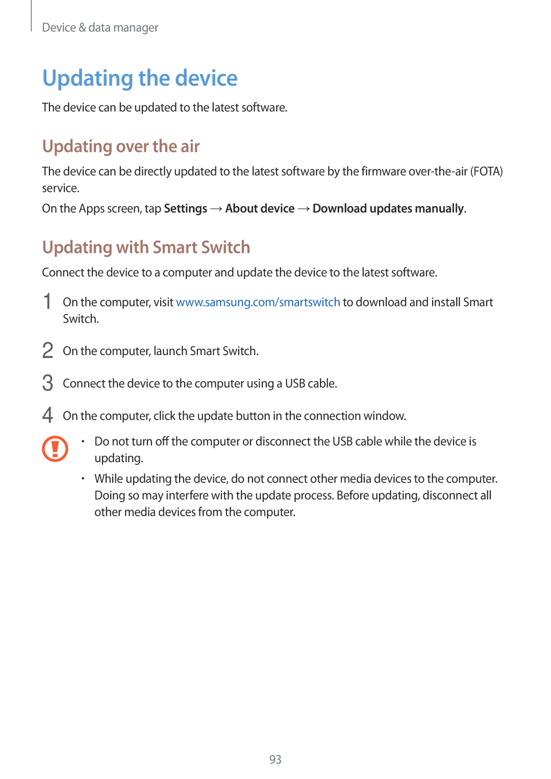 Samsung SM-T550NZWAXEF, SM-T550NZWADBT manual Updating the device, Updating over the air, Updating with Smart Switch 