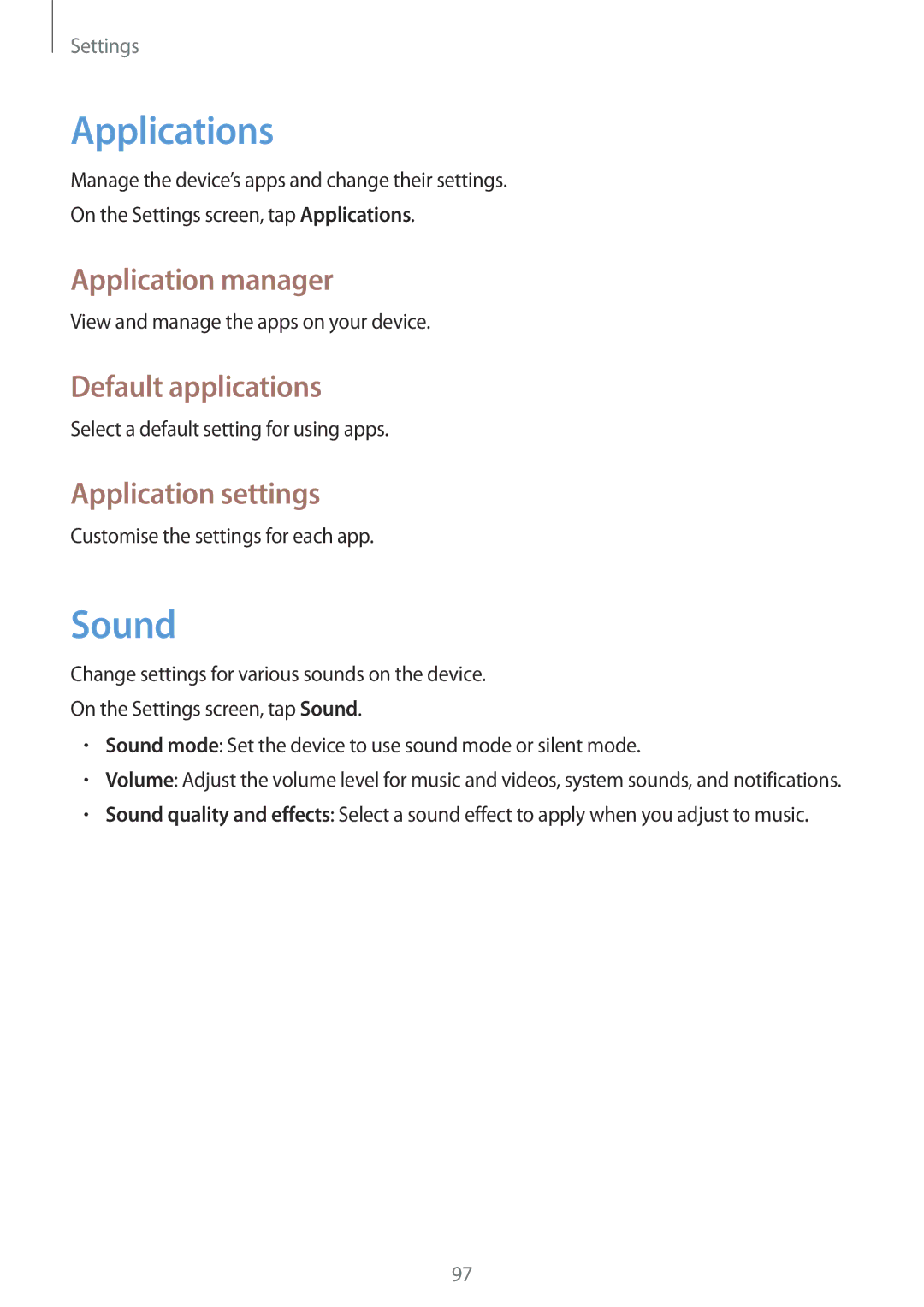 Samsung SM-T550NZWATUR manual Applications, Sound, Application manager, Default applications, Application settings 