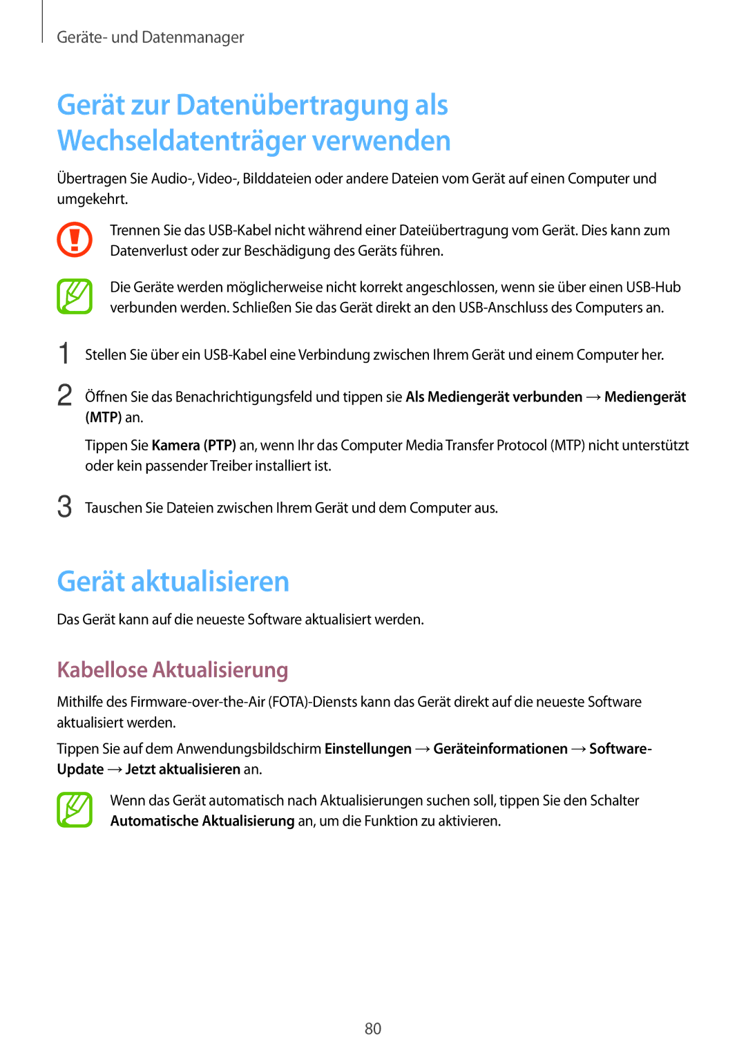 Samsung SM-T550NZWADBT, SM-T550NZKADBT Gerät zur Datenübertragung als Wechseldatenträger verwenden, Gerät aktualisieren 