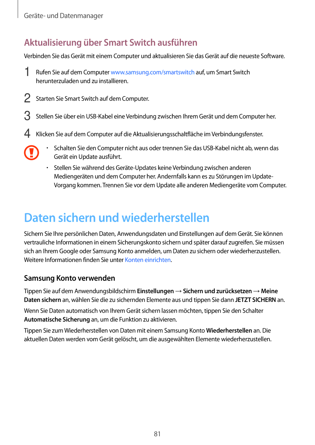 Samsung SM-T550NZKADBT, SM-T550NZWADBT manual Daten sichern und wiederherstellen, Aktualisierung über Smart Switch ausführen 