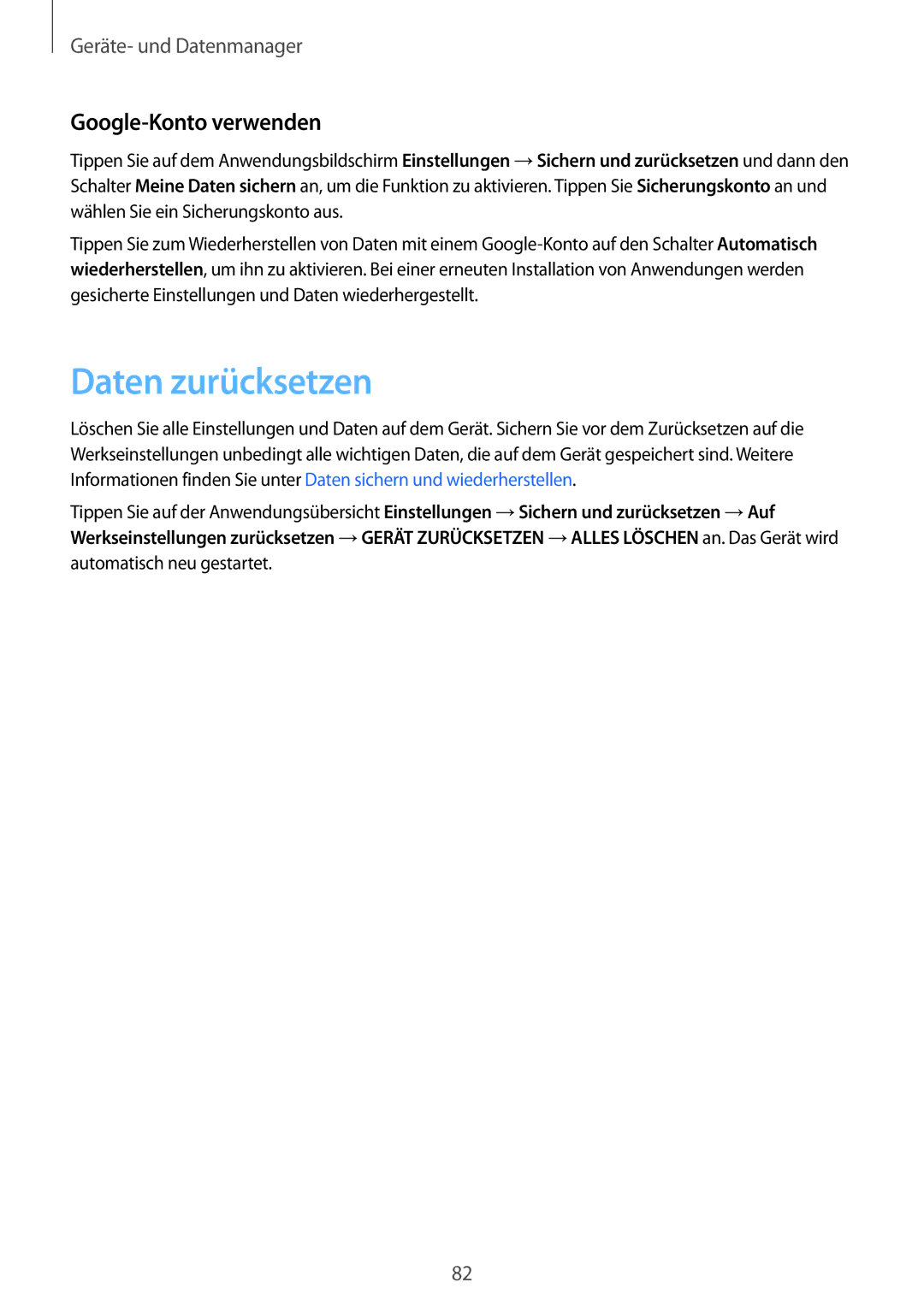 Samsung SM-T550NZWADBT, SM-T550NZKADBT manual Daten zurücksetzen, Google-Konto verwenden 