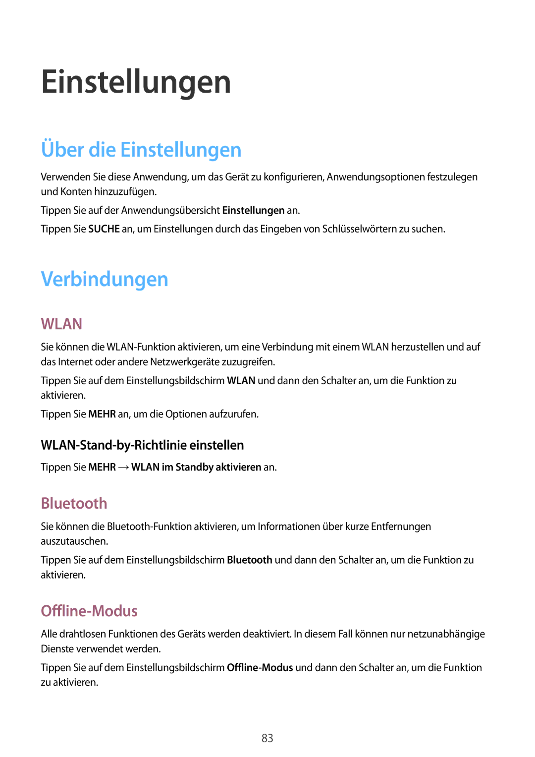 Samsung SM-T550NZKADBT, SM-T550NZWADBT manual Über die Einstellungen, Verbindungen, Bluetooth, Offline-Modus 