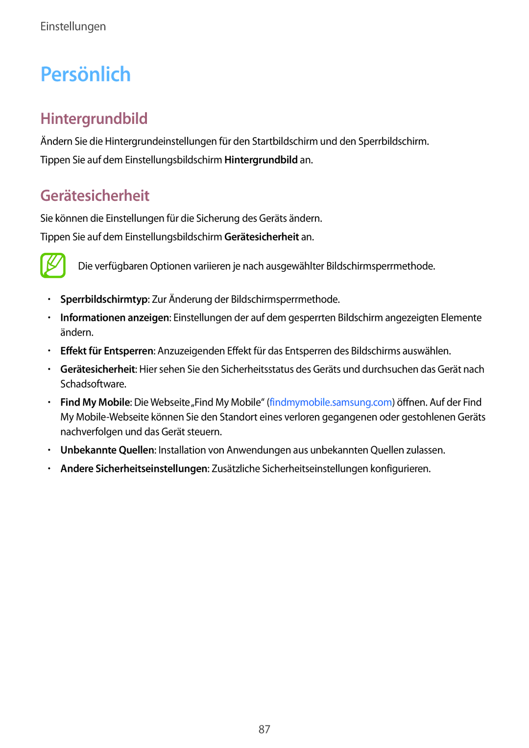 Samsung SM-T550NZKADBT, SM-T550NZWADBT manual Persönlich, Hintergrundbild, Gerätesicherheit 