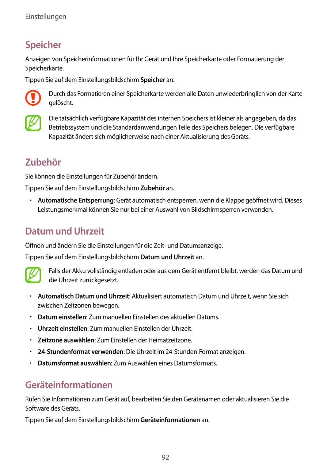 Samsung SM-T550NZWADBT, SM-T550NZKADBT manual Speicher, Zubehör, Datum und Uhrzeit, Geräteinformationen 