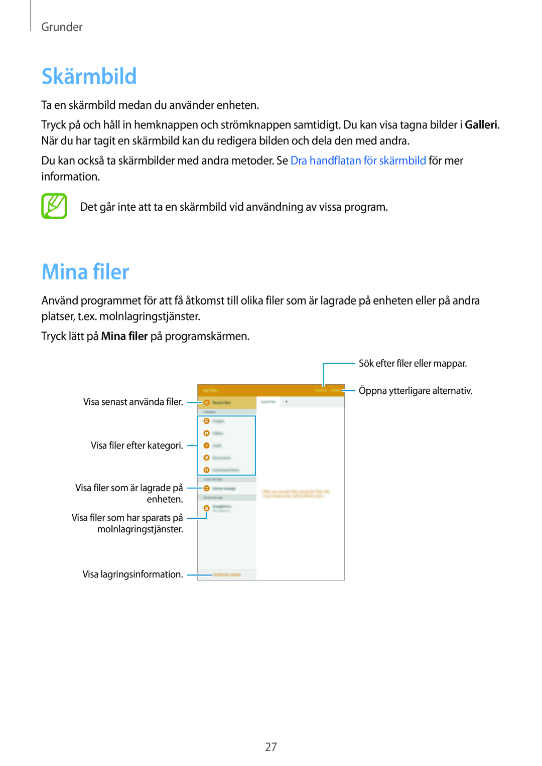 Samsung SM-T550NZWANEE manual Skärmbild, Mina filer 