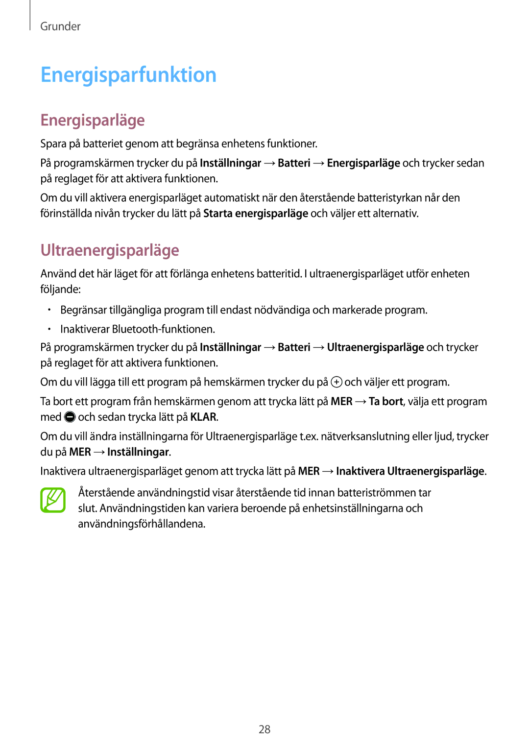 Samsung SM-T550NZWANEE manual Energisparfunktion, Energisparläge, Ultraenergisparläge 