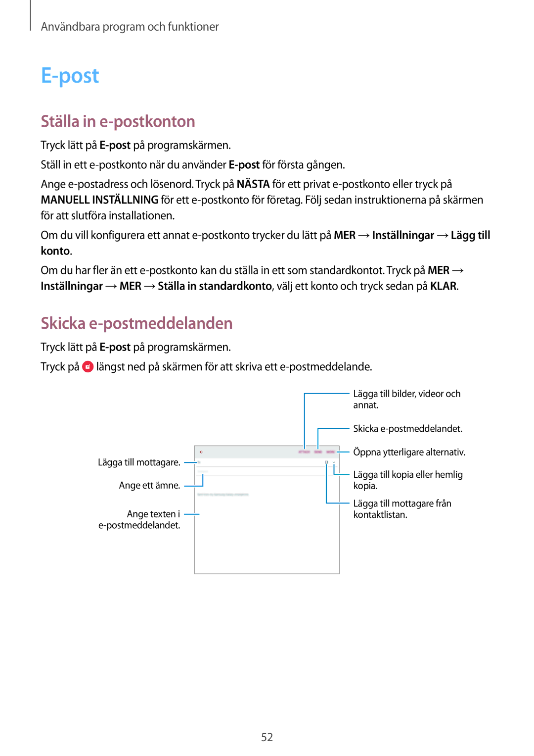 Samsung SM-T550NZWANEE manual Post, Ställa in e-postkonton, Skicka e-postmeddelanden 