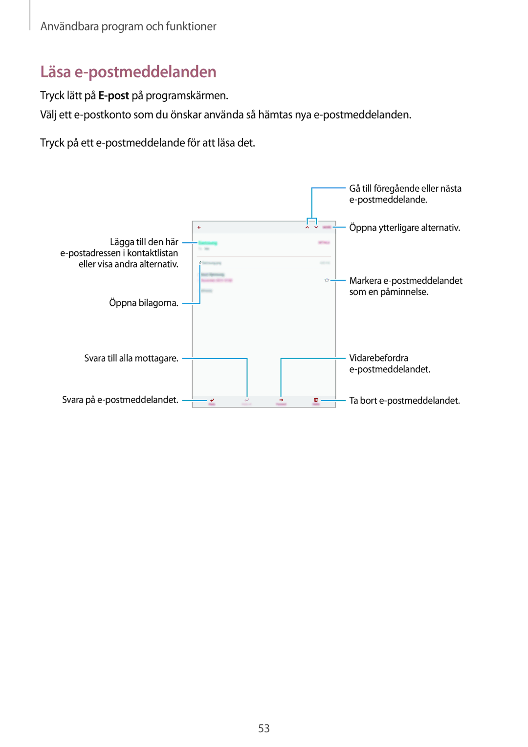 Samsung SM-T550NZWANEE manual Läsa e-postmeddelanden, Postmeddelande 