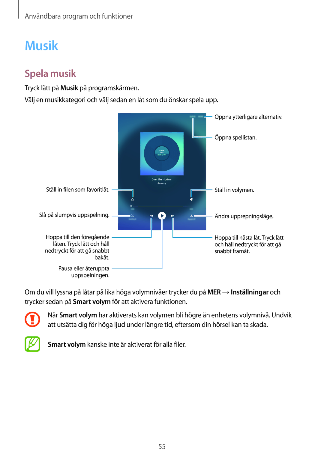 Samsung SM-T550NZWANEE manual Musik, Spela musik 