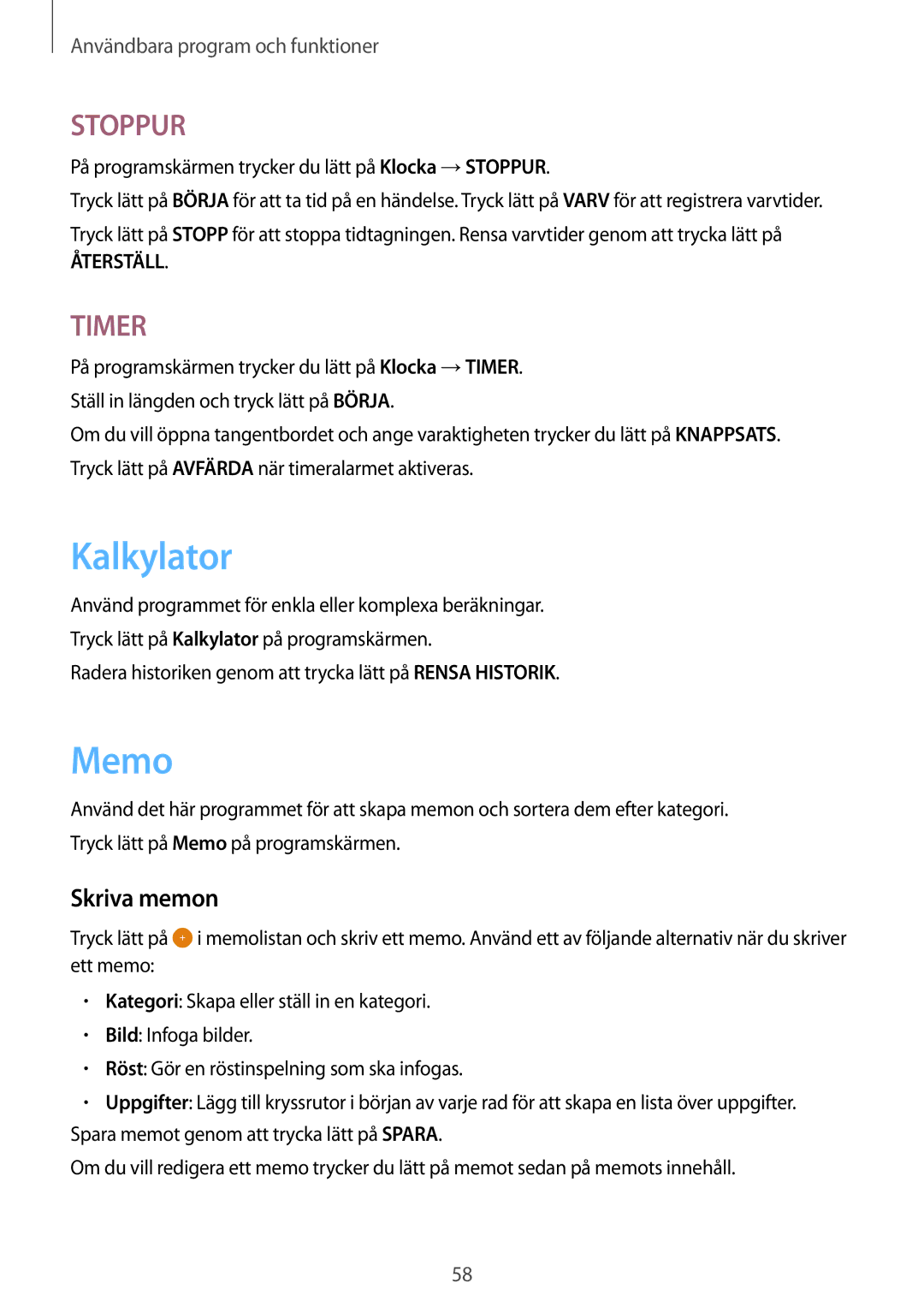 Samsung SM-T550NZWANEE manual Kalkylator, Memo, Skriva memon 