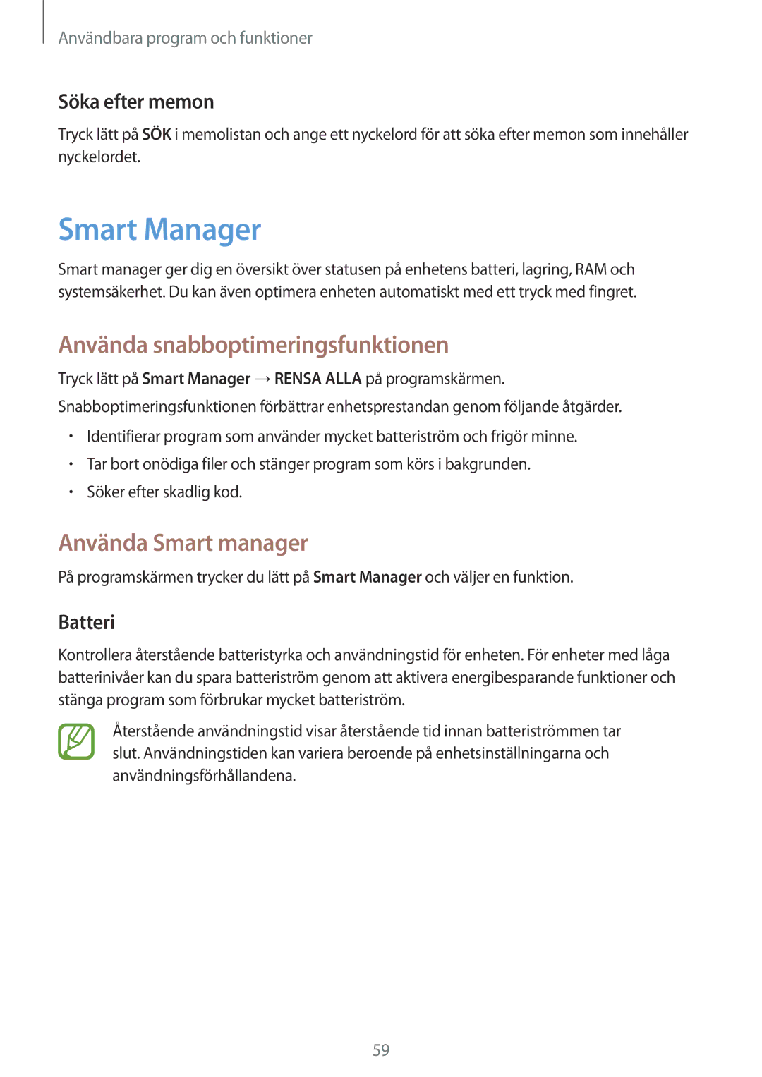 Samsung SM-T550NZWANEE Smart Manager, Använda snabboptimeringsfunktionen, Använda Smart manager, Söka efter memon, Batteri 