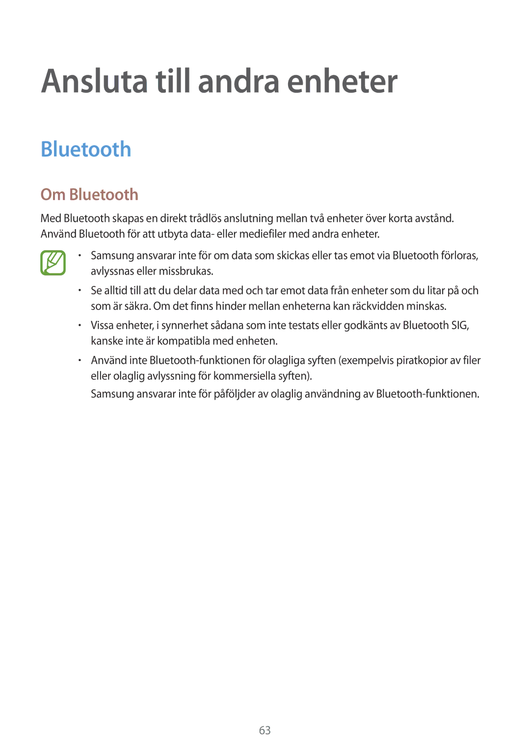 Samsung SM-T550NZWANEE manual Ansluta till andra enheter, Om Bluetooth 