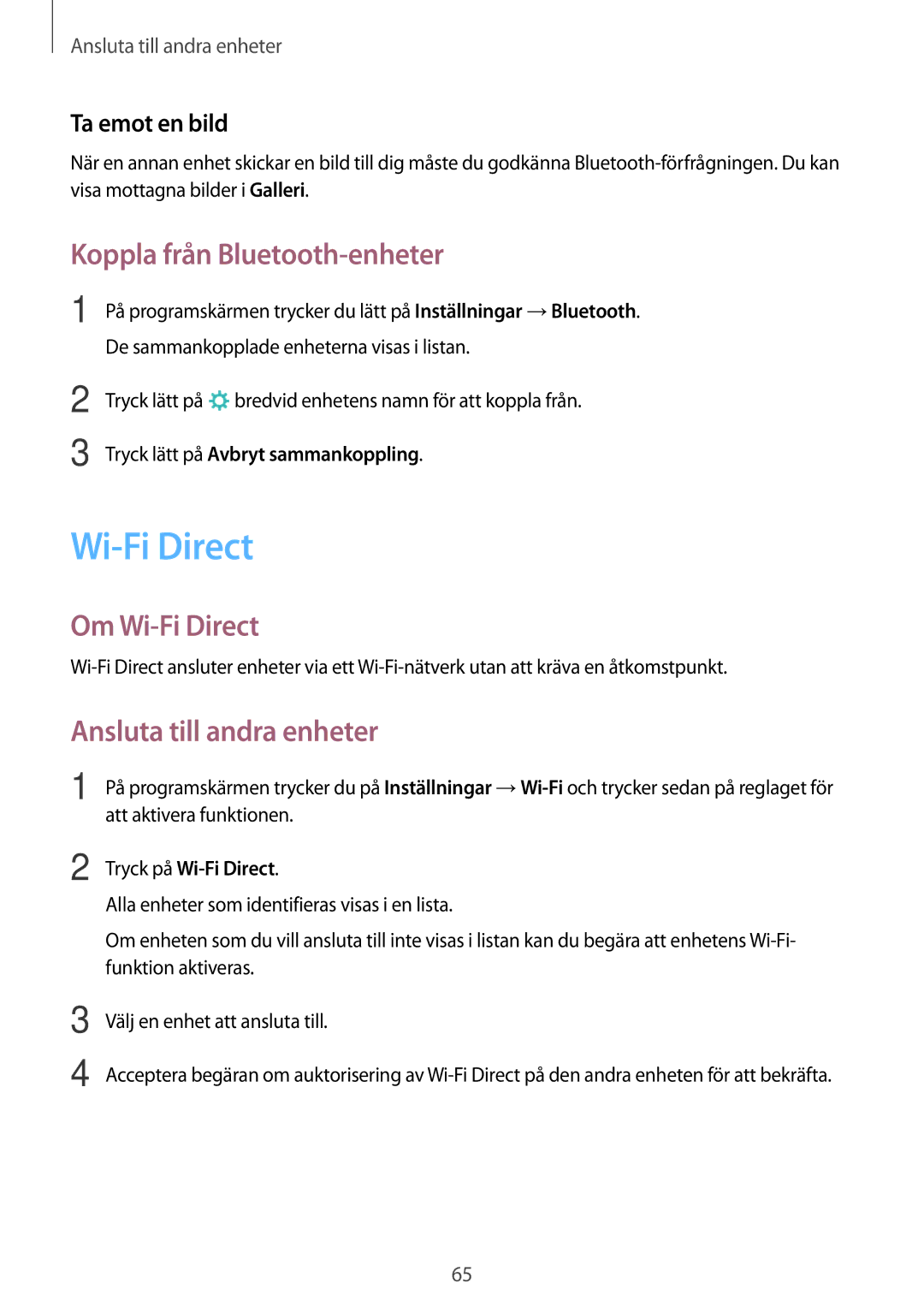 Samsung SM-T550NZWANEE Koppla från Bluetooth-enheter, Om Wi-Fi Direct, Ansluta till andra enheter, Ta emot en bild 