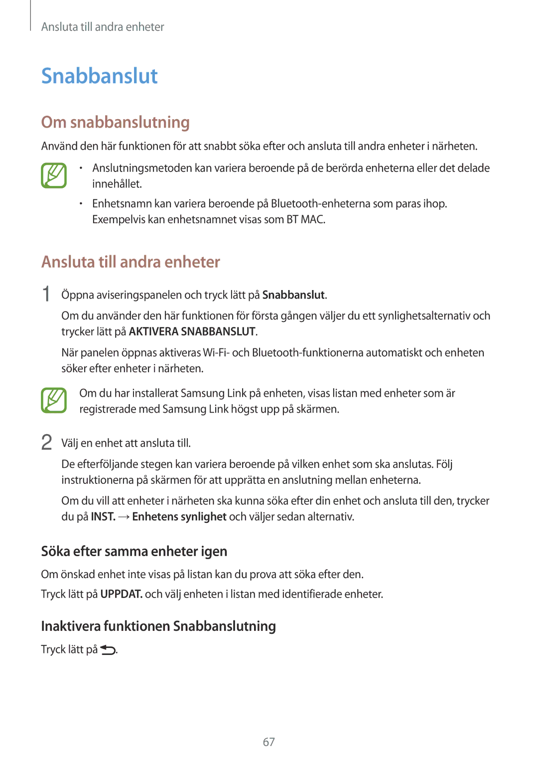 Samsung SM-T550NZWANEE manual Snabbanslut, Om snabbanslutning, Söka efter samma enheter igen 