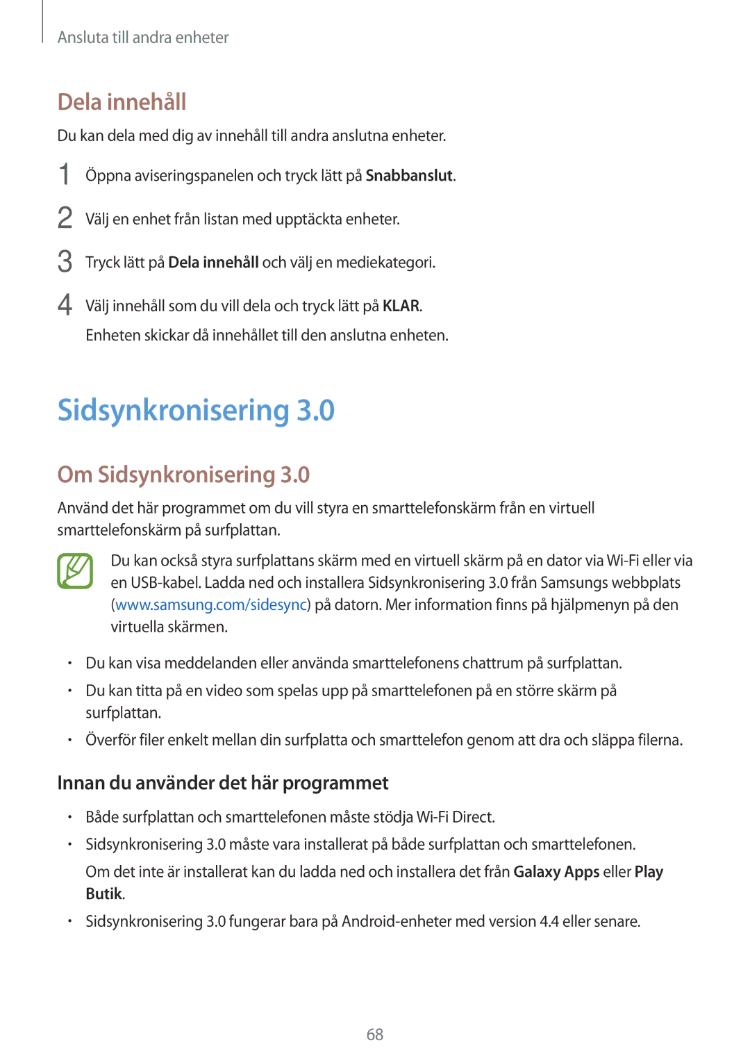 Samsung SM-T550NZWANEE manual Dela innehåll, Om Sidsynkronisering, Innan du använder det här programmet 