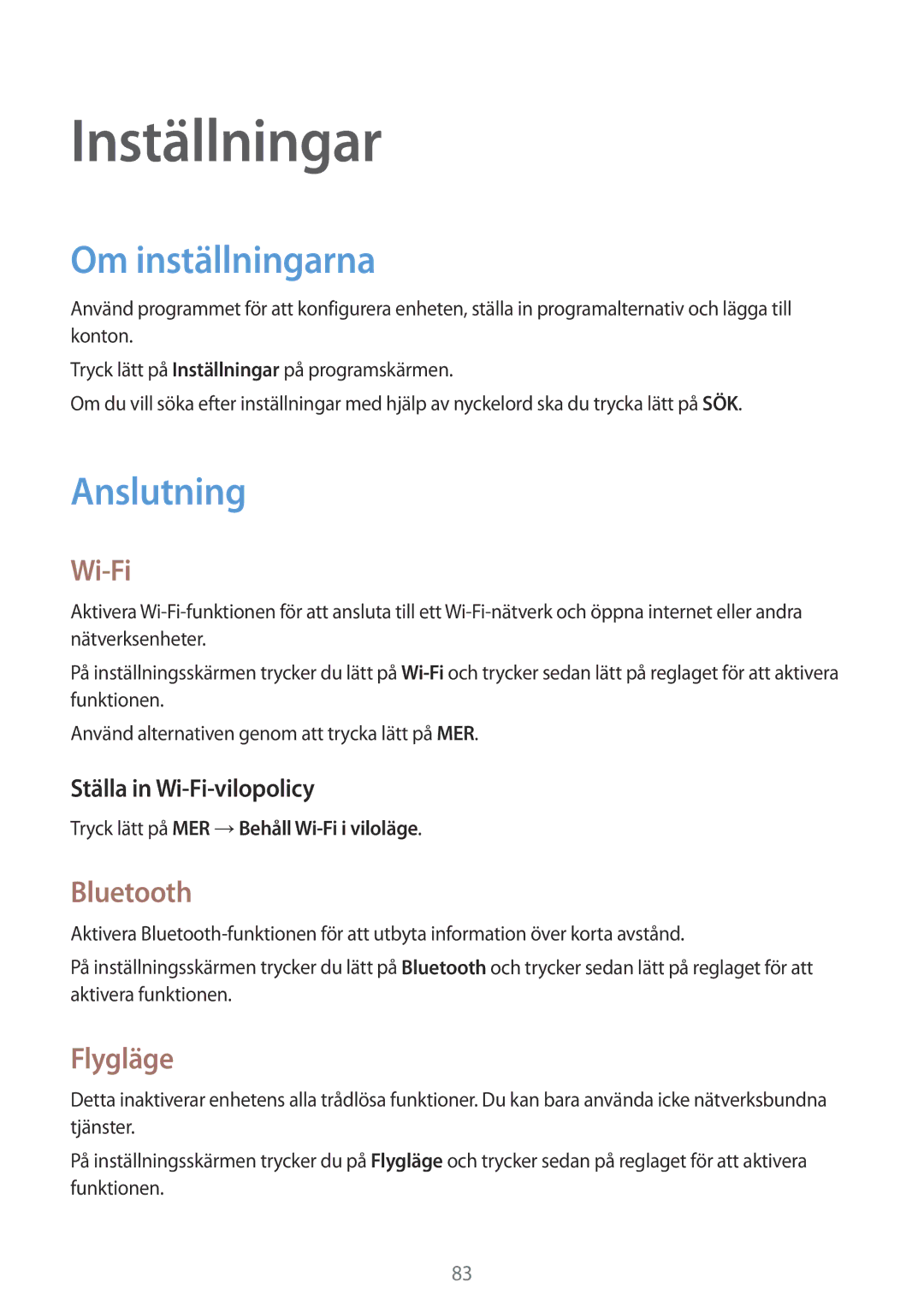 Samsung SM-T550NZWANEE manual Inställningar, Om inställningarna, Anslutning 