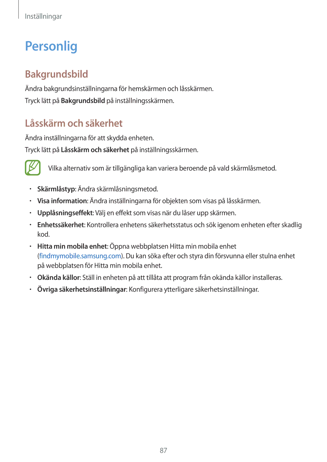 Samsung SM-T550NZWANEE manual Personlig, Bakgrundsbild, Låsskärm och säkerhet 