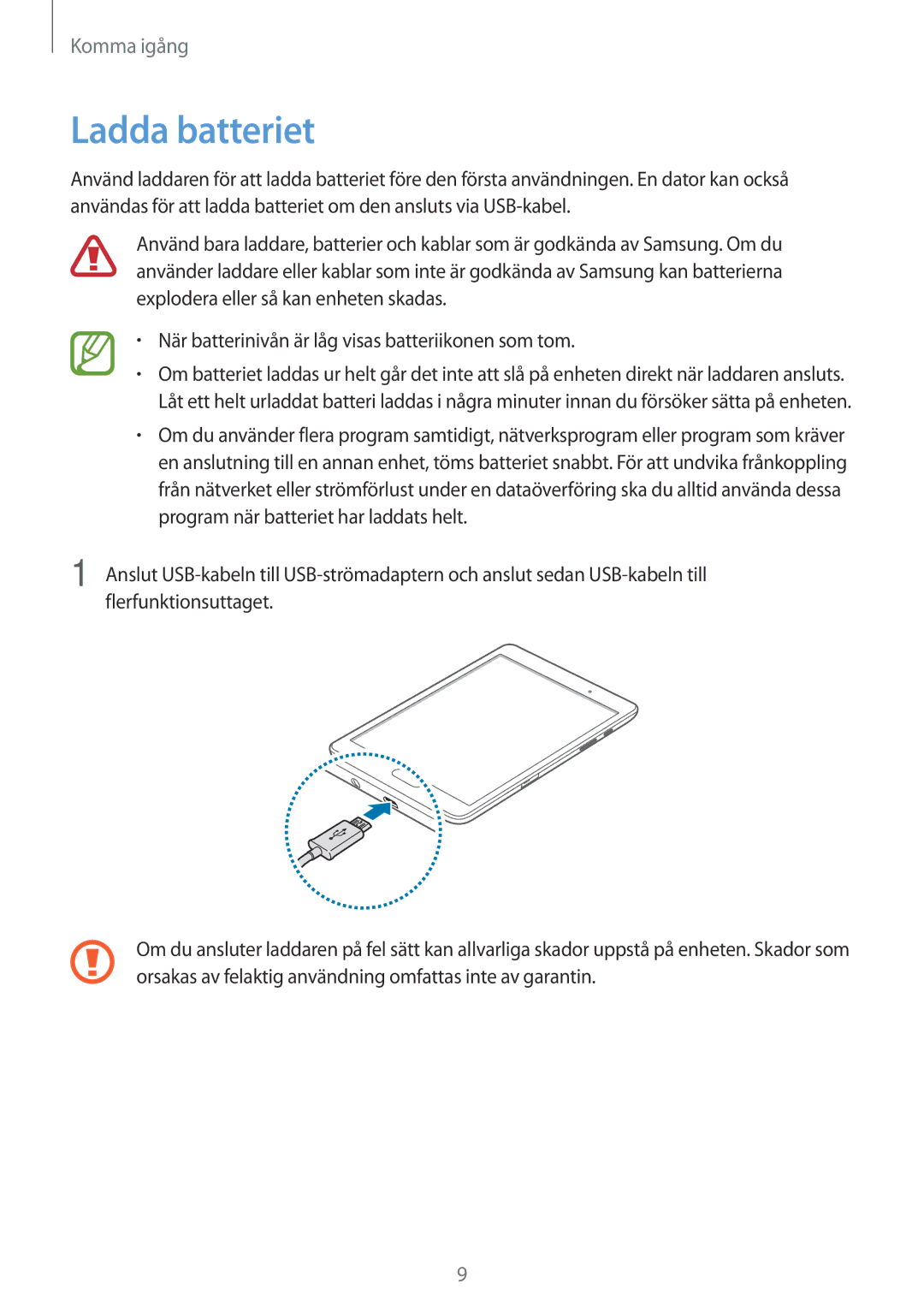 Samsung SM-T550NZWANEE manual Ladda batteriet 