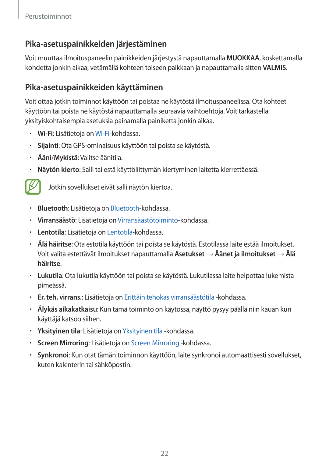 Samsung SM-T550NZWANEE manual Pika-asetuspainikkeiden järjestäminen, Pika-asetuspainikkeiden käyttäminen 